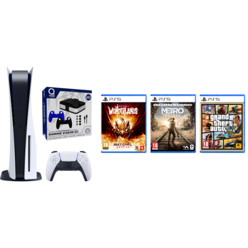 SONY PlayStation 5 Disk Edition + Metro Exodus + Tiny Tina’s Wonderlands + Grand Theft Auto V + Qware PS5 Gaming Starter Kit Bundel