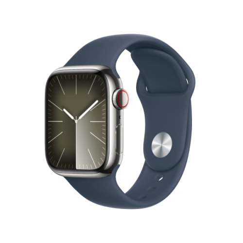 APPLE Watch Series 9 Cellular 45 mm Zilver Roestvrijstalen Case/Stormblauw Sport Band - M/L