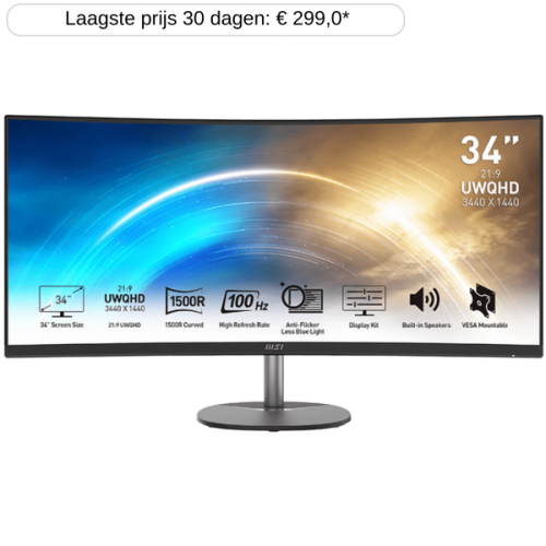 MSI PRO MP341CQ - 34 inch - 3440 x 1440 (UW Quad HD) - VA-paneel