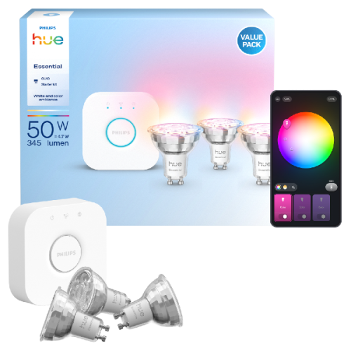 PHILIPS HUE Essential starterkit, wit en gekleurd licht, 1 Bridge, 3 GU10-spots 