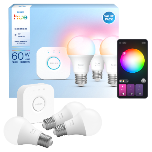 PHILIPS HUE Essential starterkit, wit en gekleurd licht, 1 Bridge, 3 E27-fitting lampen 