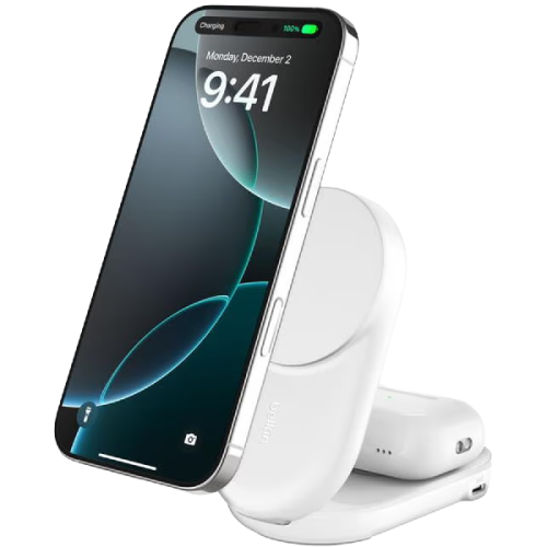BELKIN UltraCharge 25W Qi2 2-in-1 Magnetische Draadloze Lader met USB-C-poort – Wit Draadloze oplader