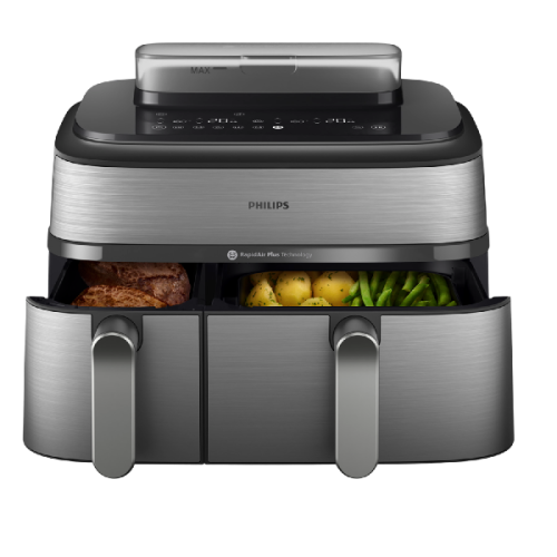 PHILIPS  Airfryer 5000-serie Dual Basket Met Stoomfunctie - NA555/00 - Dubbele Mand - SteamClean - 9L - Tot 6 Personen - Heteluchtfriteuse met stoomfunctie - Zilver